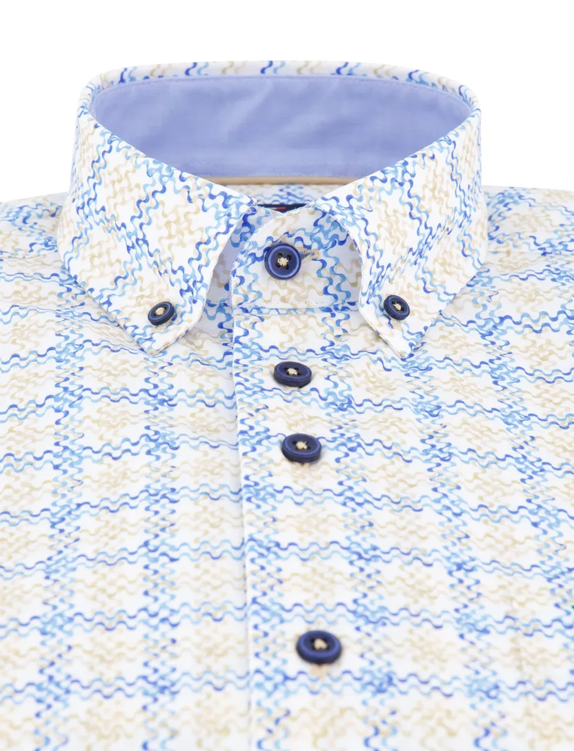 Portofino casual overhemd korte mouw regular fit beige blauw geprint