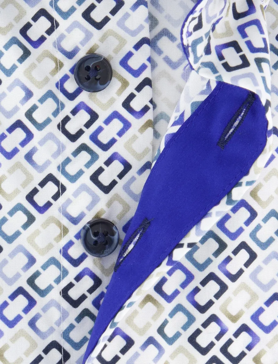 Portofino regular fit casual overhemd korte mouw wit blauw geprint