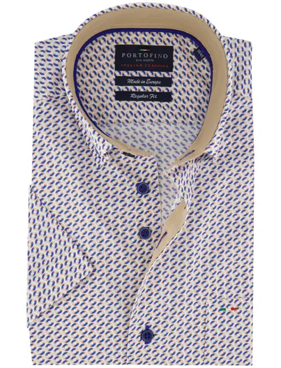 Portofino Portofino overhemd blauw geprint korte mouw wijde fit