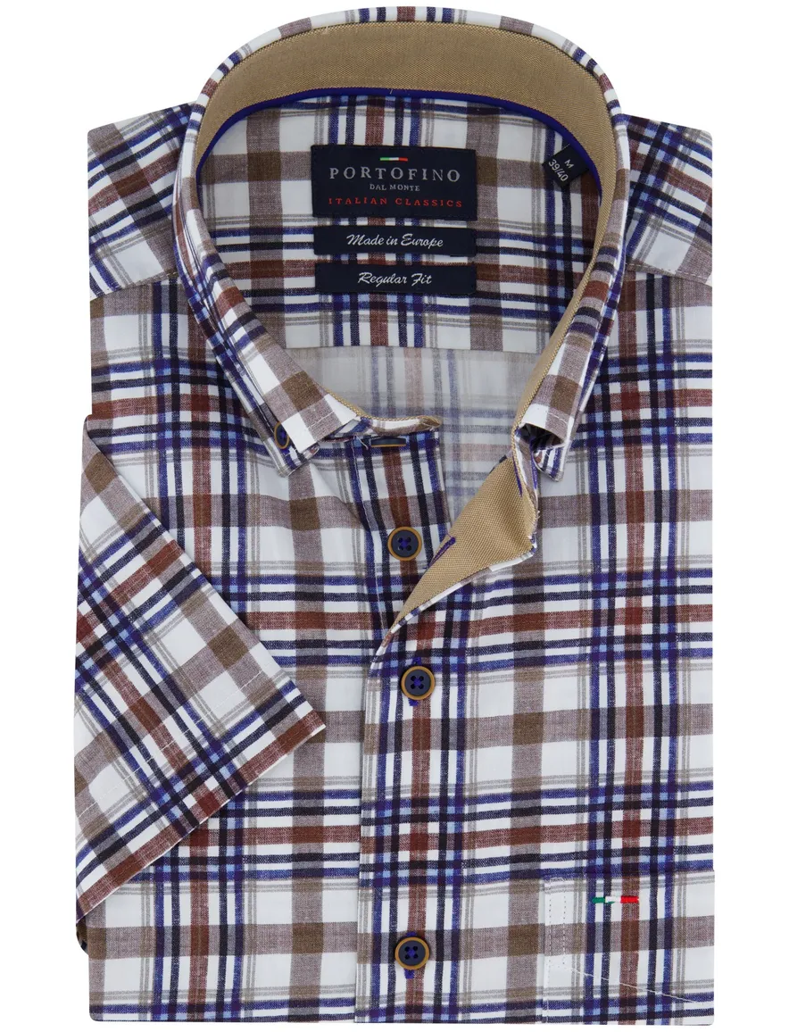 Portofino overhemd korte mouw bruin blauw