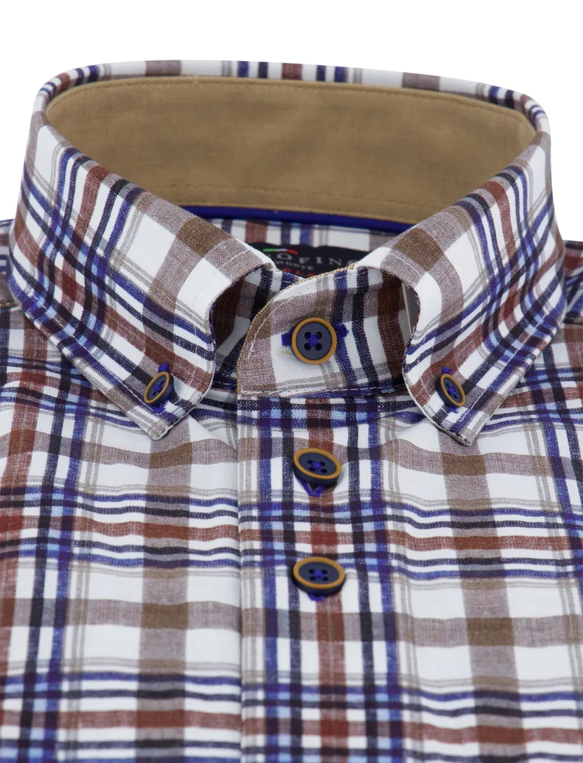 Portofino overhemd korte mouw bruin blauw button-down