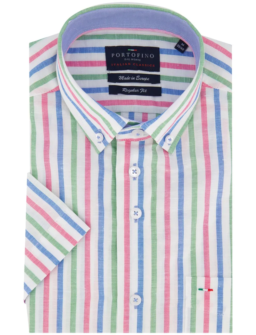 Portofino Regular Fit overhemd roze blauw groen gestreept