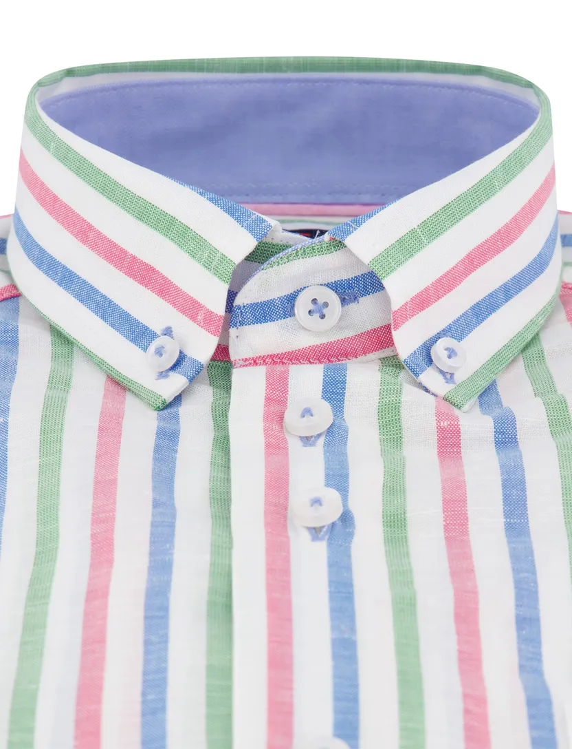 Portofino Regular Fit overhemd roze blauw groen gestreept