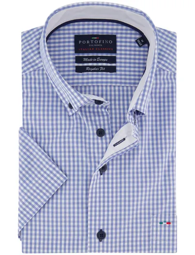 Portofino Portofino overhemd blauw korte mouw geruit button-down