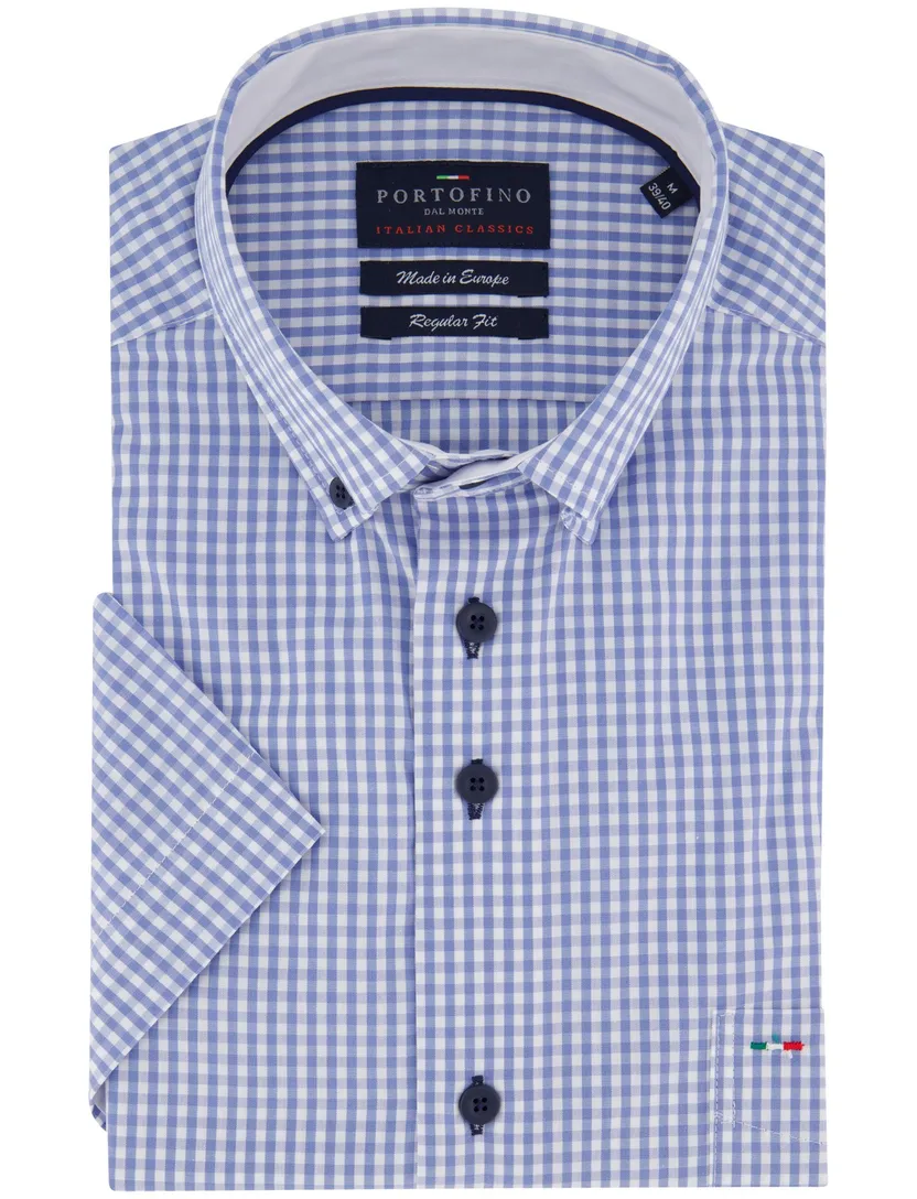 Portofino overhemd blauw korte mouw geruit katoen
