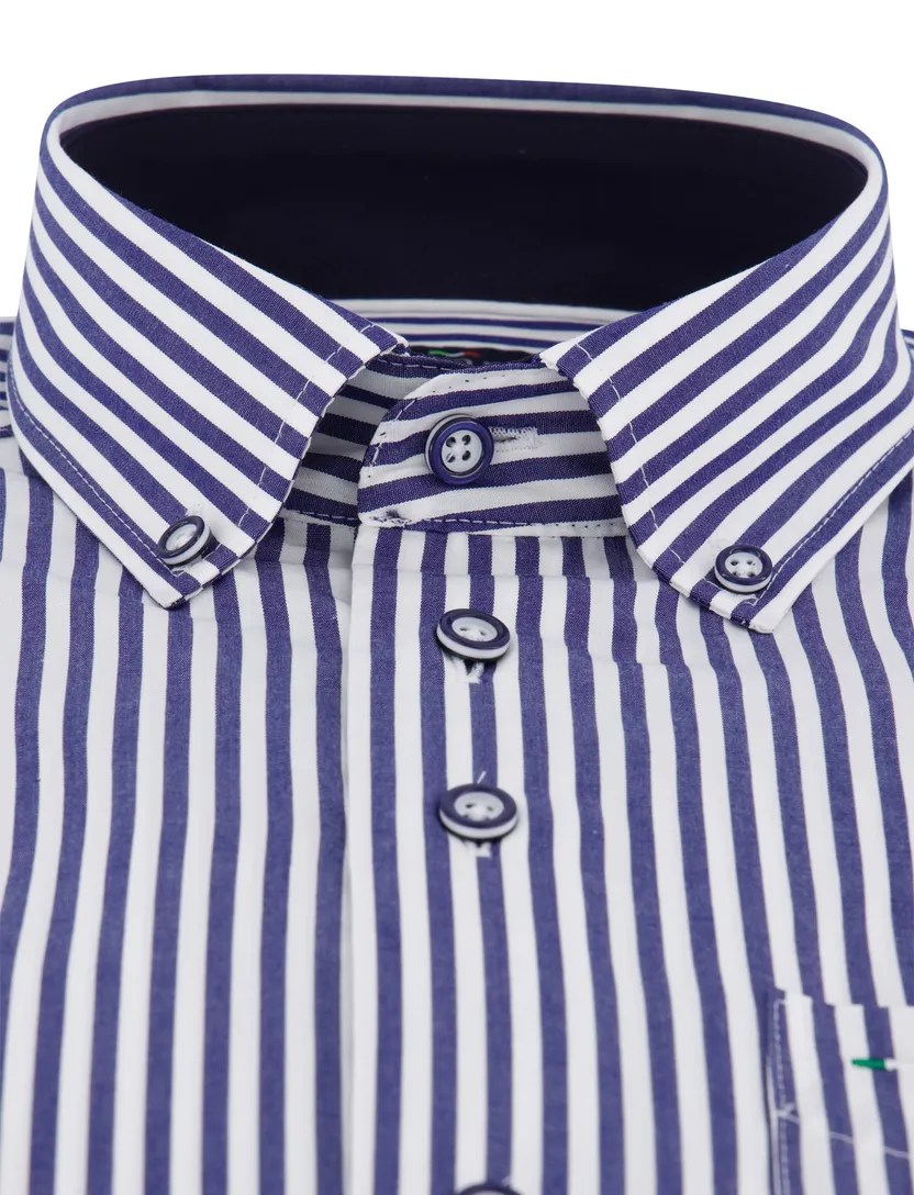 Portofino overhemd korte mouw donkerblauw strepen katoen