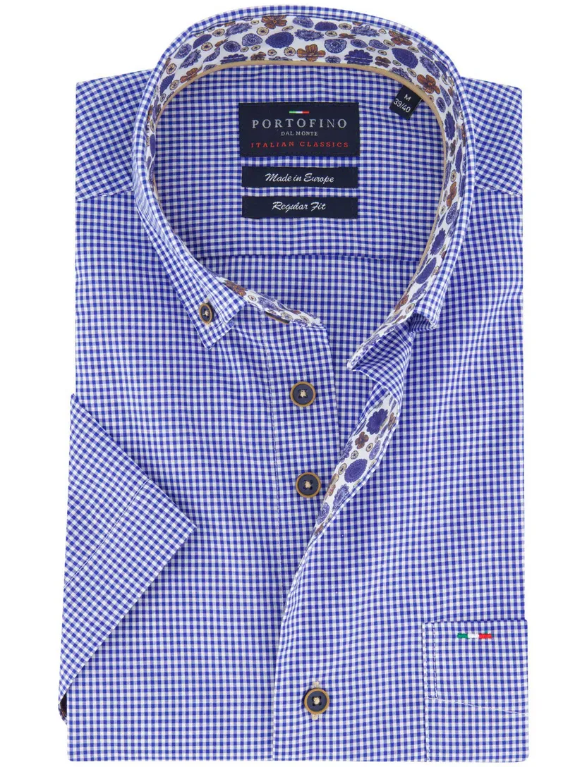 Portofino casual overhemd korte mouw regular fit blauw wit geruit button down boord