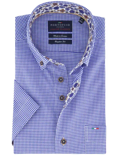 Portofino Portofino regular fit casual overhemd korte mouw blauw wit geruit