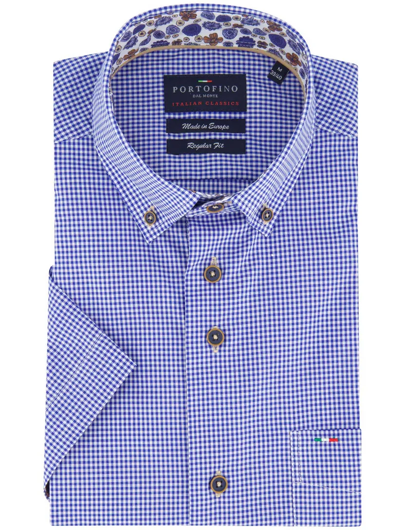 Portofino casual overhemd korte mouw regular fit blauw wit geruit button down boord