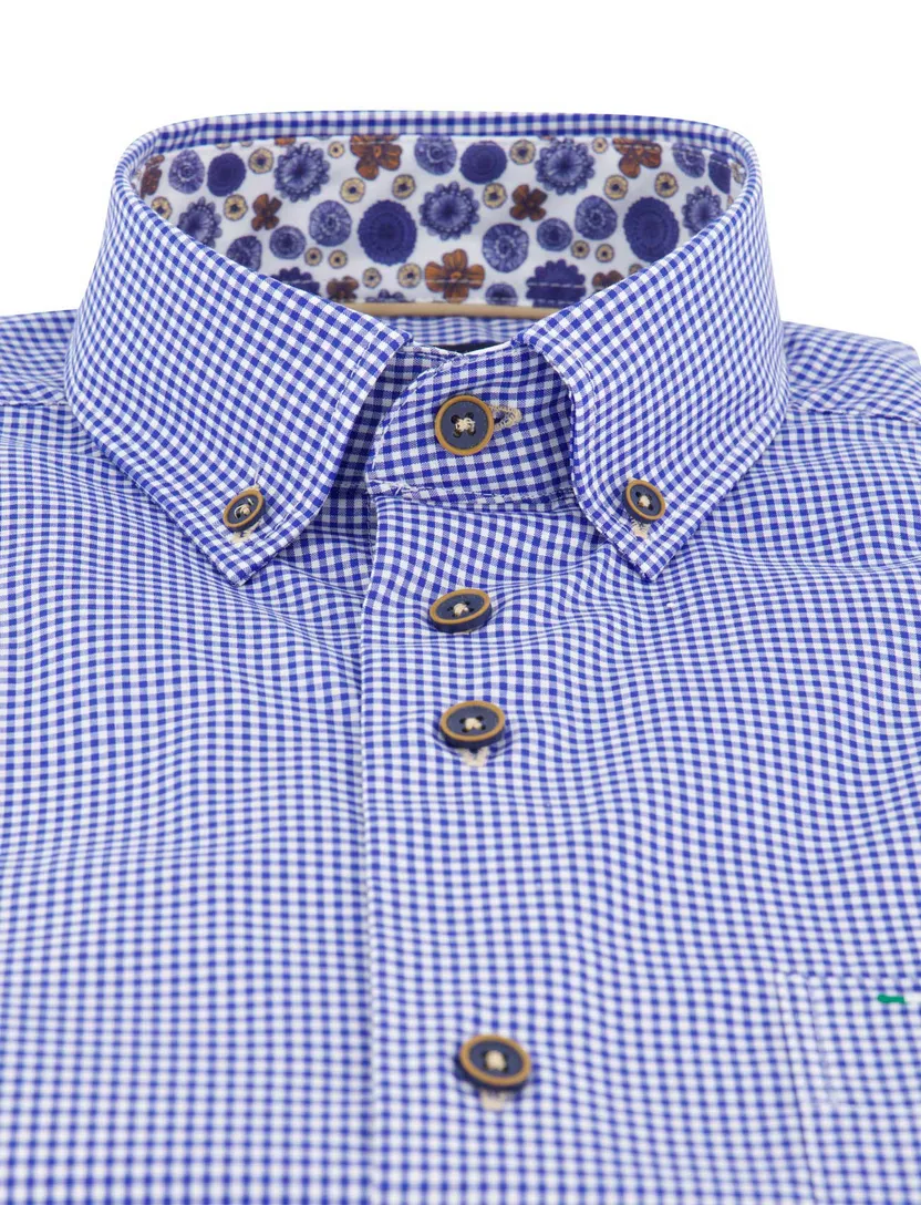 Portofino casual overhemd korte mouw regular fit blauw wit geruit button down boord