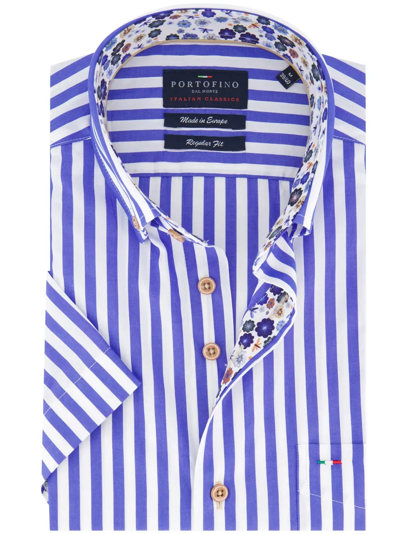 Portofino Regular Fit overhemd korte mouw blauw katoen