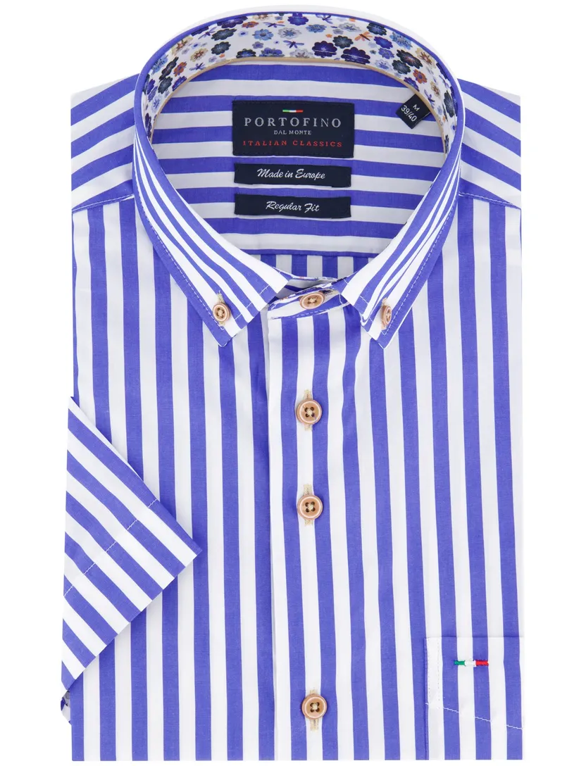 Portofino Regular Fit overhemd korte mouw blauw katoen