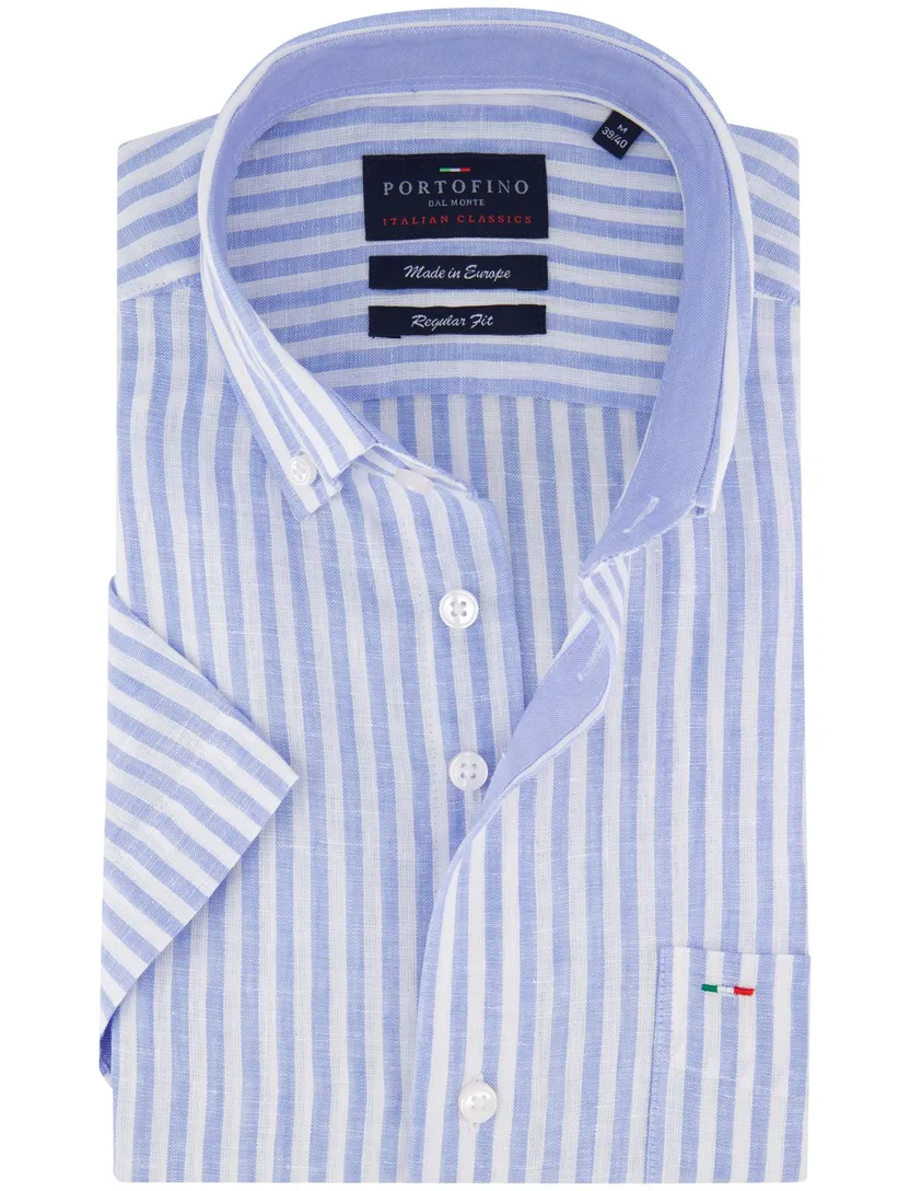 Portofino casual overhemd korte mouw regular fit lichtblauw wit gestreept button down boord