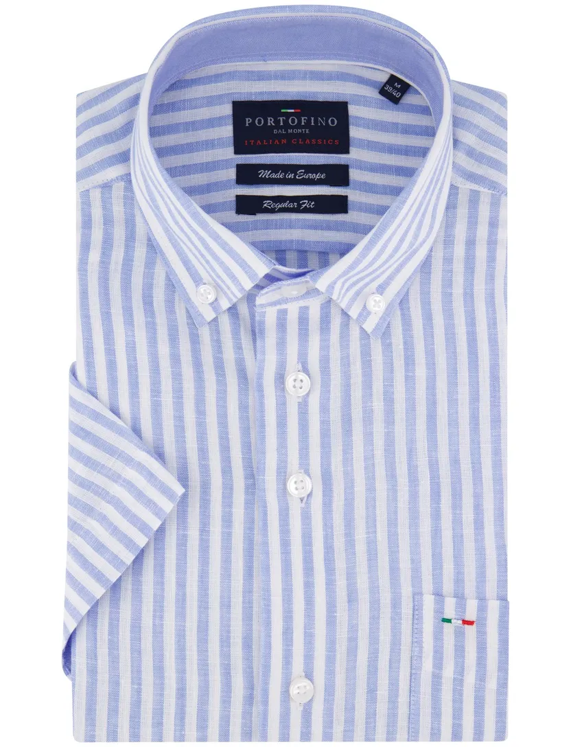 Portofino casual overhemd korte mouw regular fit lichtblauw wit gestreept button down boord