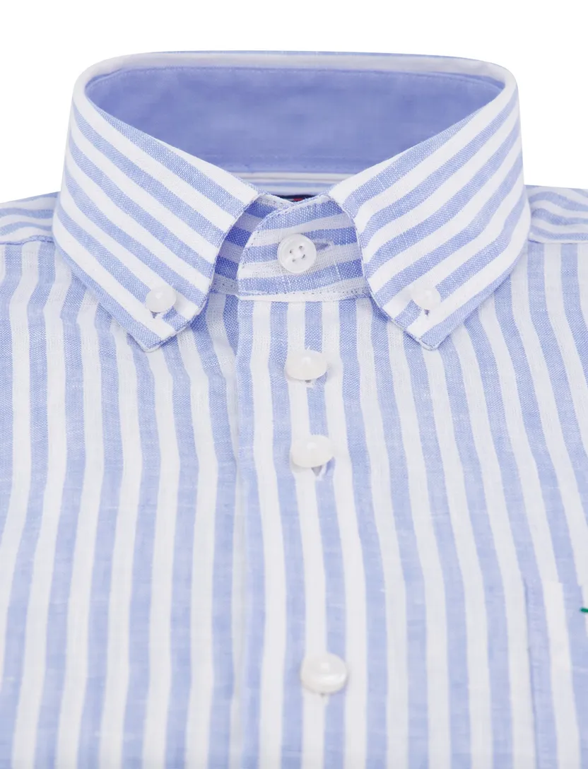 Portofino casual overhemd korte mouw regular fit lichtblauw wit gestreept button down boord