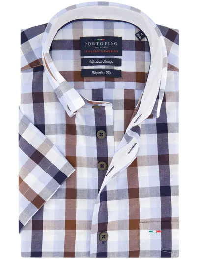 Portofino Portofino overhemd bruin korte mouw geruit button-down