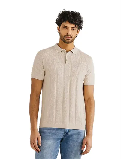 State of Art State of Art polo beige structuur wijde fit katoen