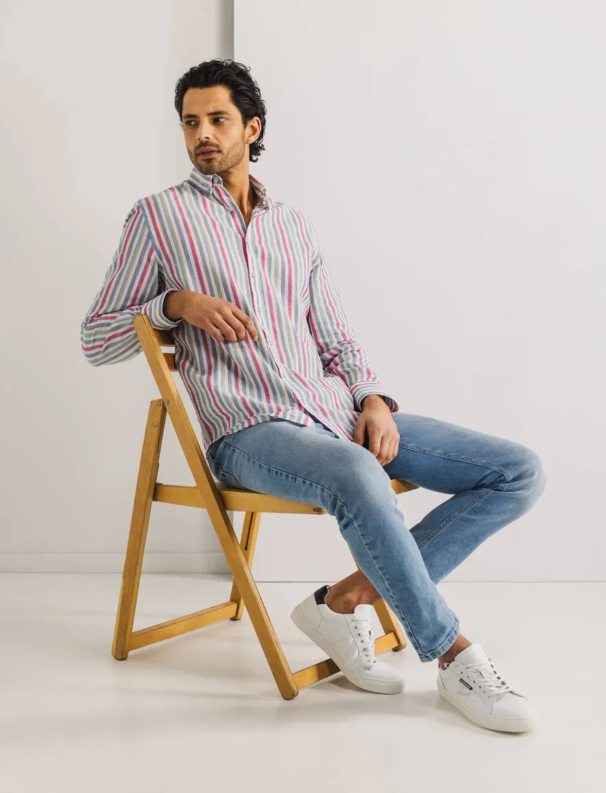 State of Art Oxford regular fit roze blauw overhemd gestreept