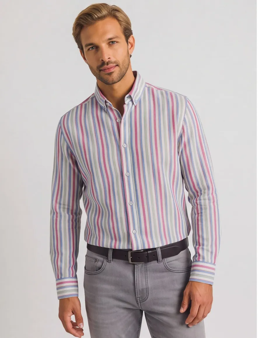 State of Art Oxford regular fit roze blauw overhemd gestreept