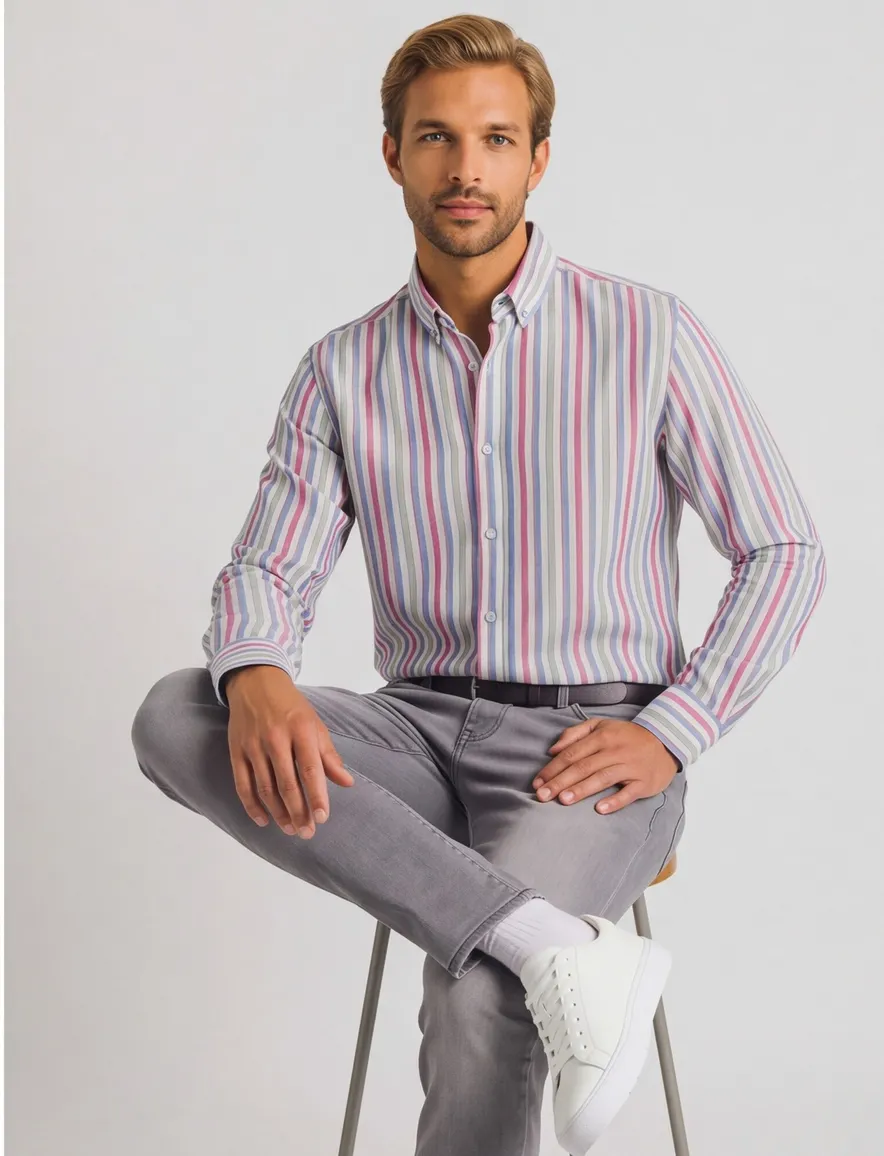 State of Art Oxford regular fit roze blauw overhemd gestreept