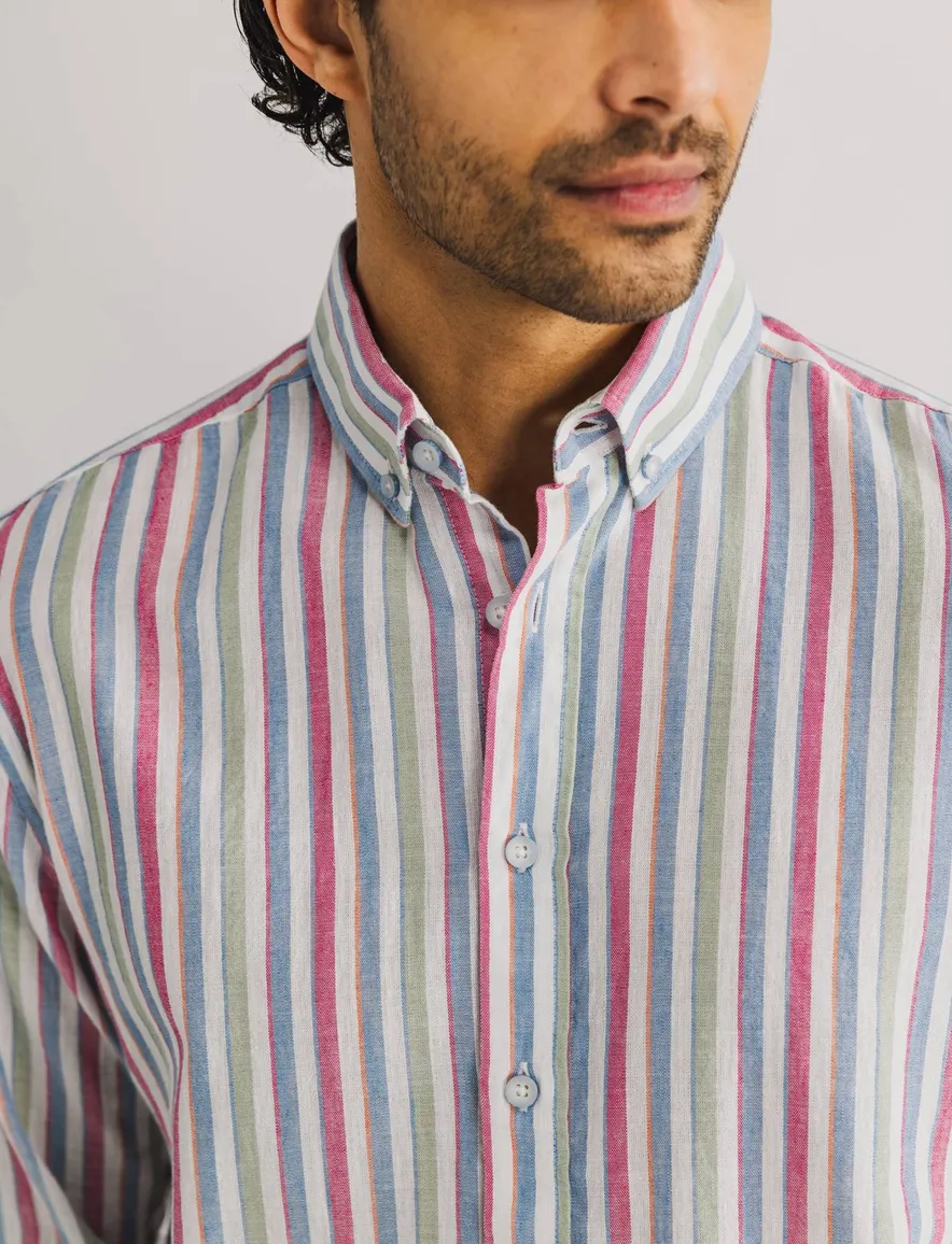 State of Art Oxford regular fit roze blauw overhemd gestreept
