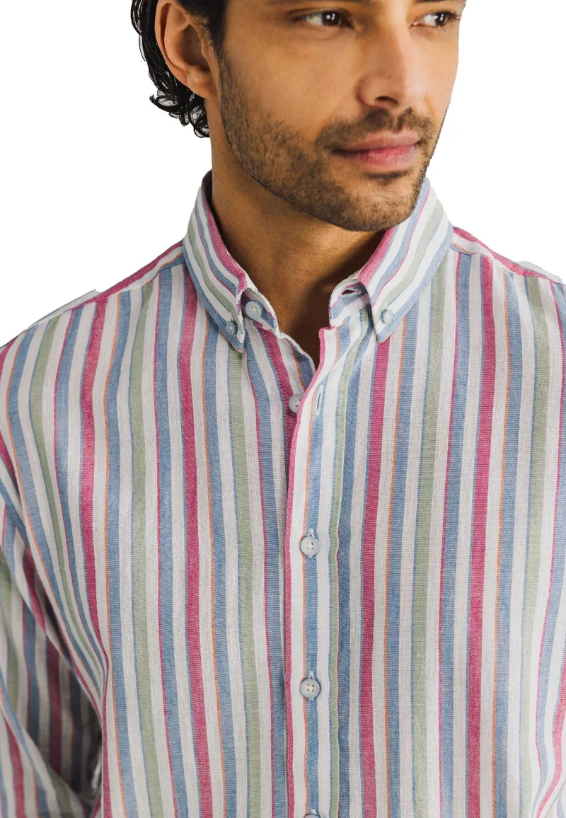 State of Art Oxford regular fit roze blauw overhemd gestreept