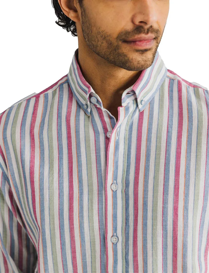 State of Art Oxford regular fit roze blauw overhemd gestreept