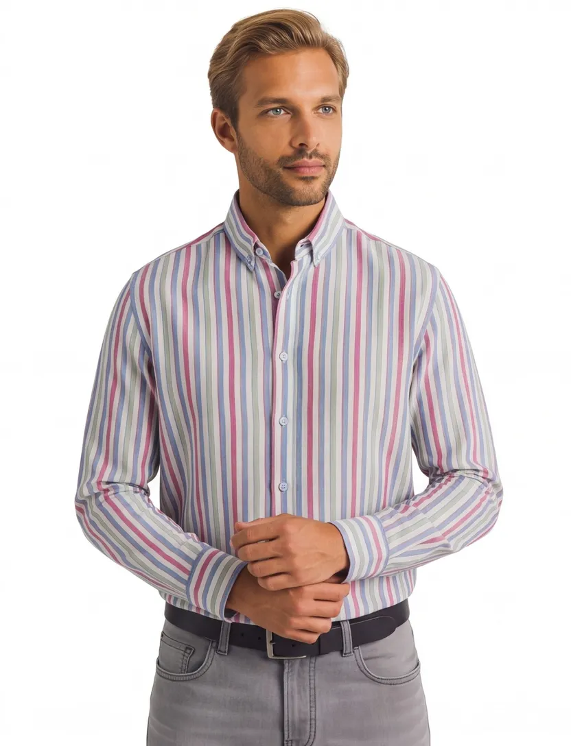 State of Art Oxford regular fit overhemd roze blauw gestreept