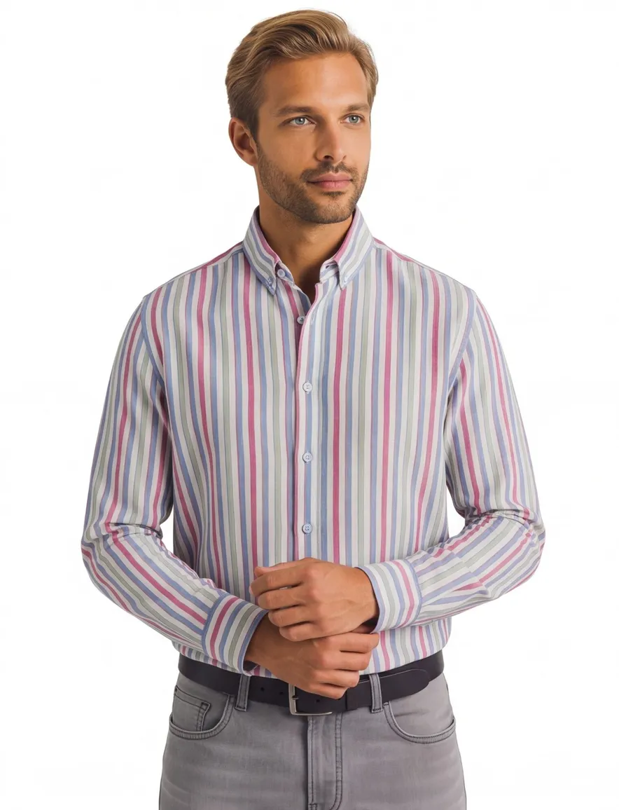 State of Art Oxford regular fit roze blauw overhemd gestreept