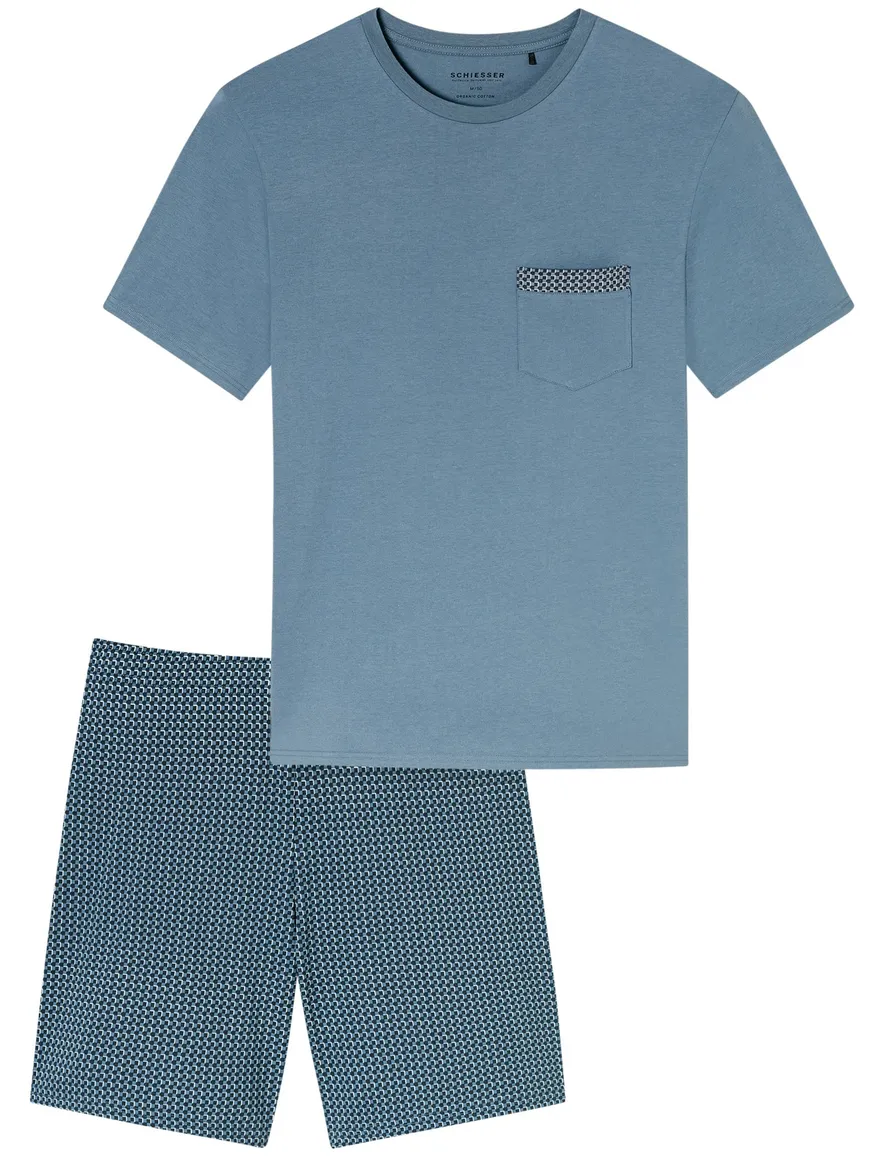 Schiesser single jersey shortama blauw comfort fit