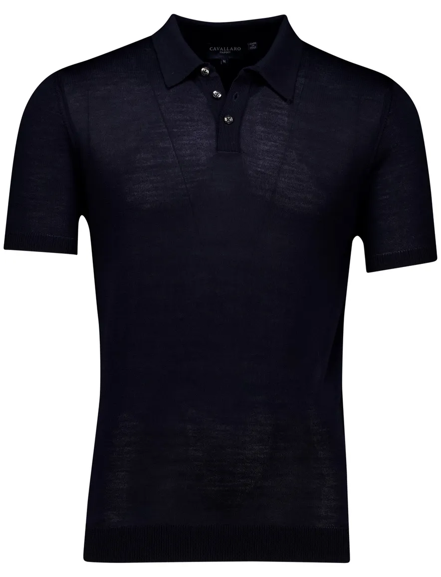 Cavallaro polo effen donkerblauw gebreid slim fit