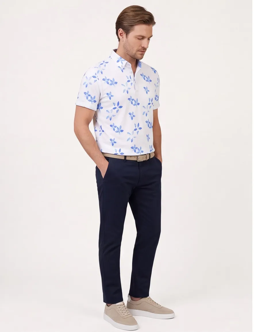 Eden Valley polo wit met blauwe print katoen