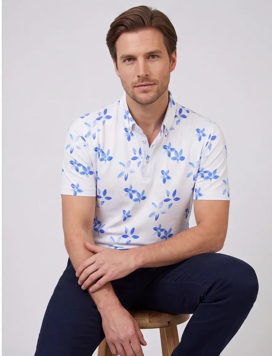 Eden Valley polo wit met blauwe print katoen