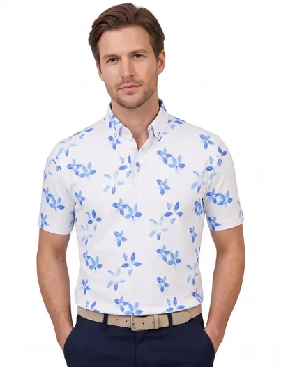 Eden Valley Eden Valley polo wit met blauwe print pique