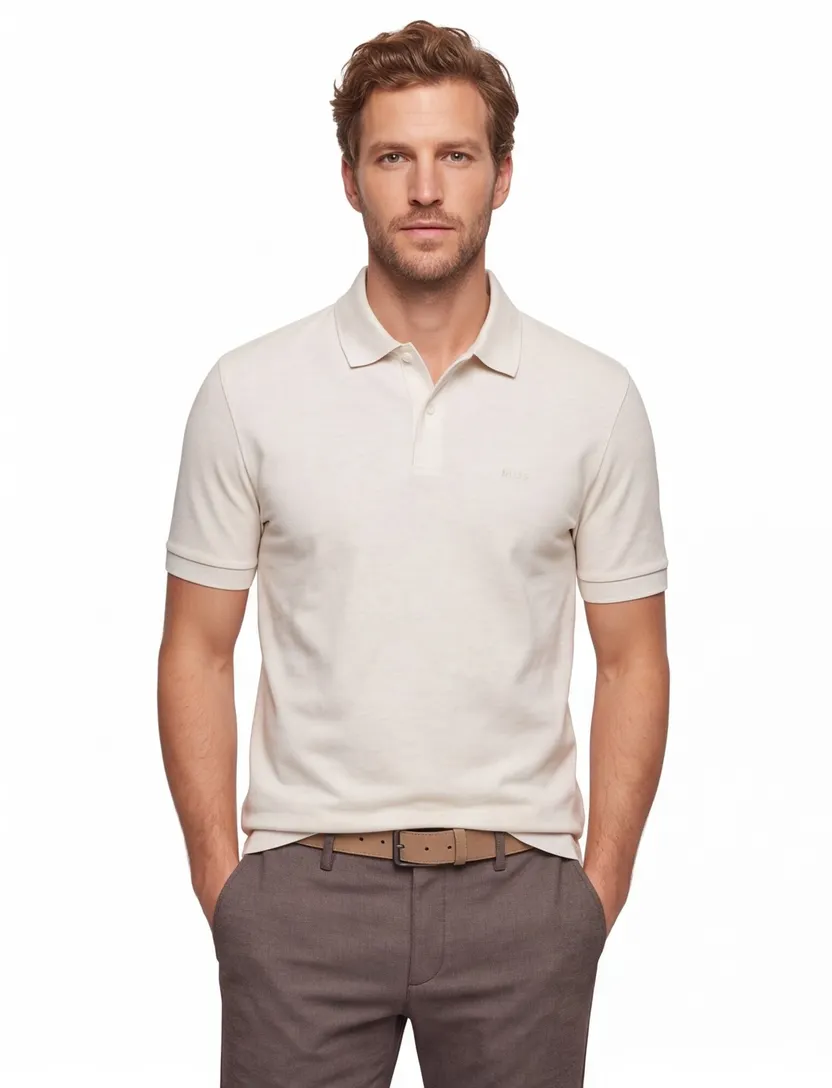 katoenen Boss Black Pallas pique polo beige effen katoen