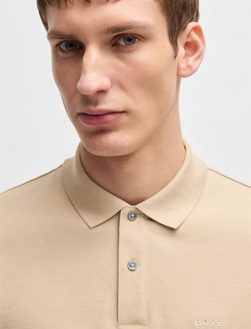 BOSS polo korte mouw beige effen Pallas katoen