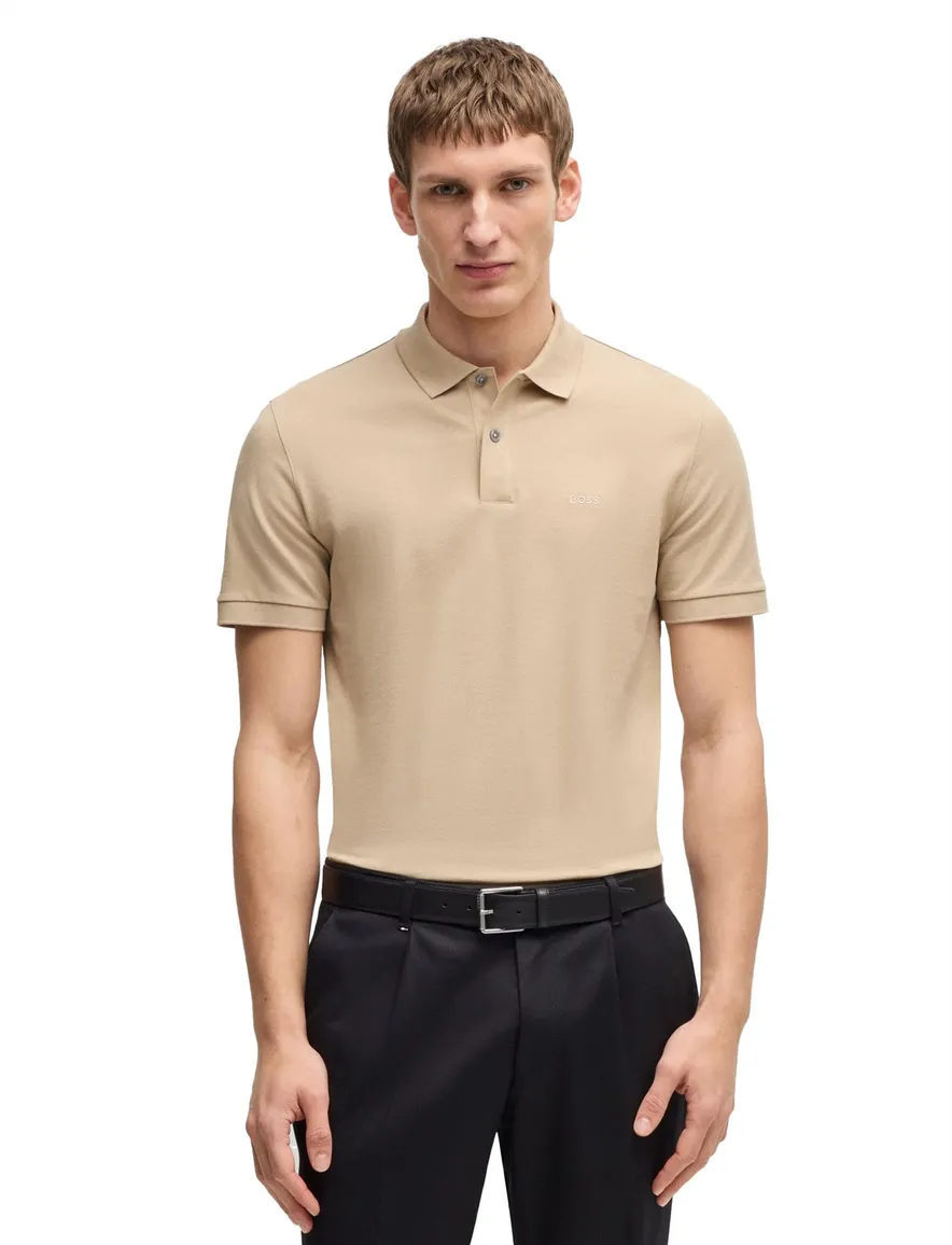 BOSS polo korte mouw beige effen Pallas katoen