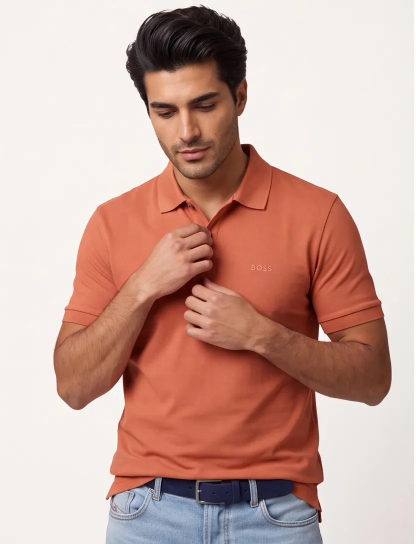 katoenen Boss Black Pallas pique polo oranje effen
