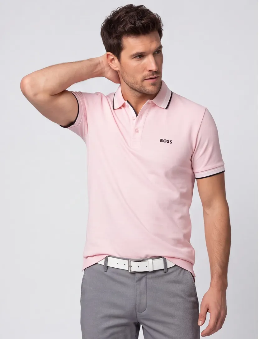katoenen Boss Green polo roze effen korte mouw normale fit