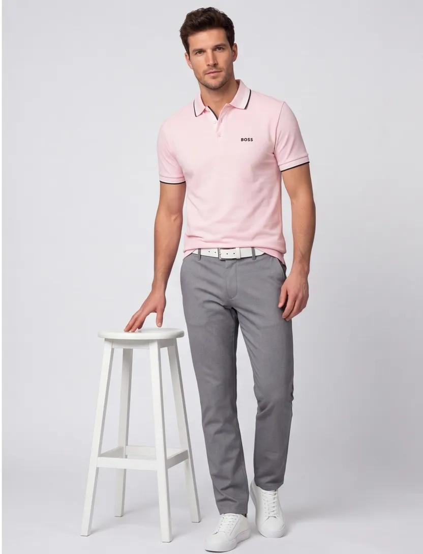 katoenen Boss Green polo roze effen korte mouw normale fit