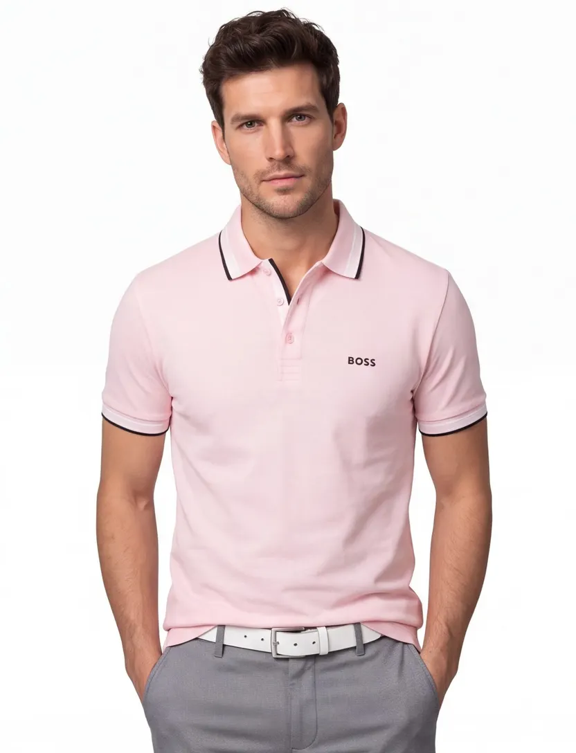 katoenen Boss Green polo roze effen korte mouw normale fit