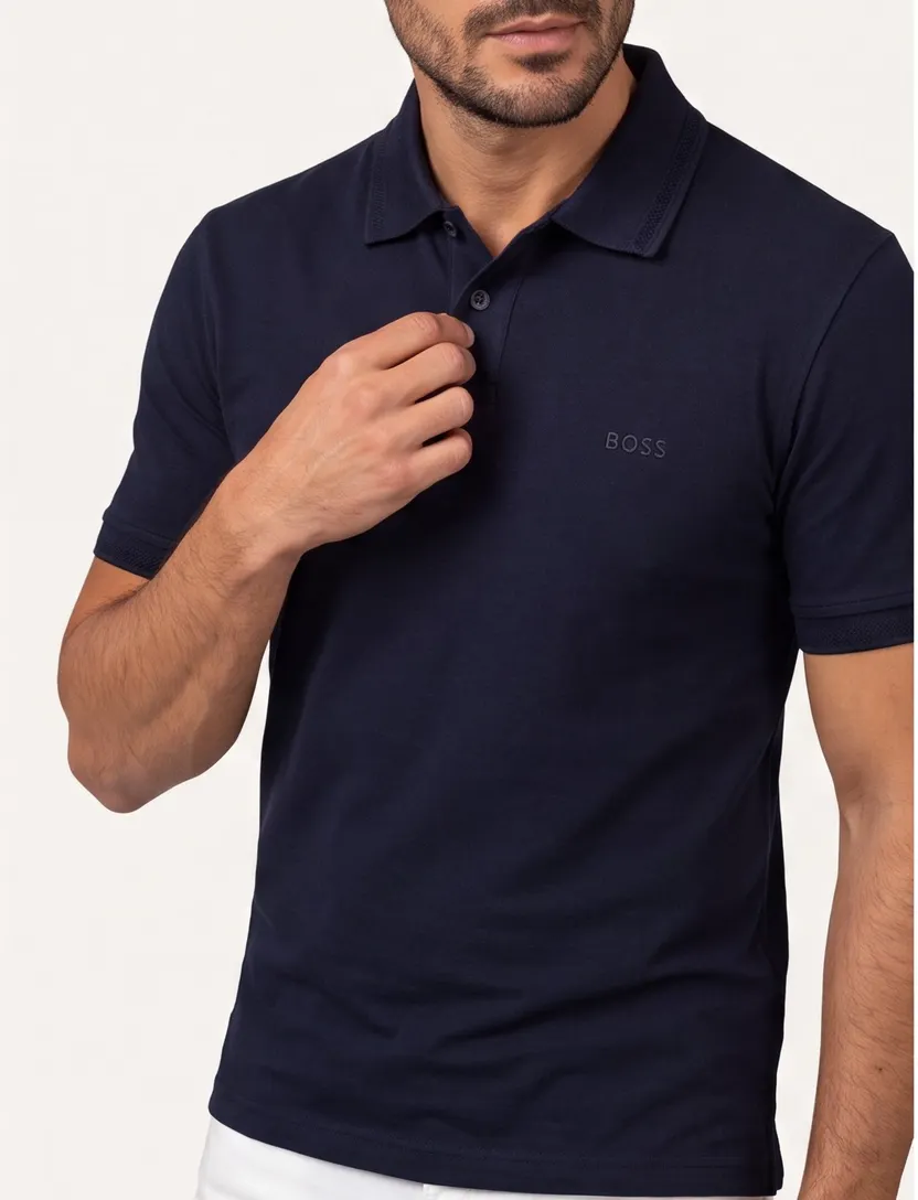 katoenen Boss polo korte mouw donkerblauw effen