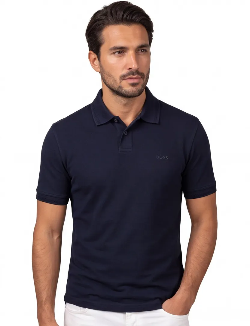katoenen Boss polo korte mouw donkerblauw effen