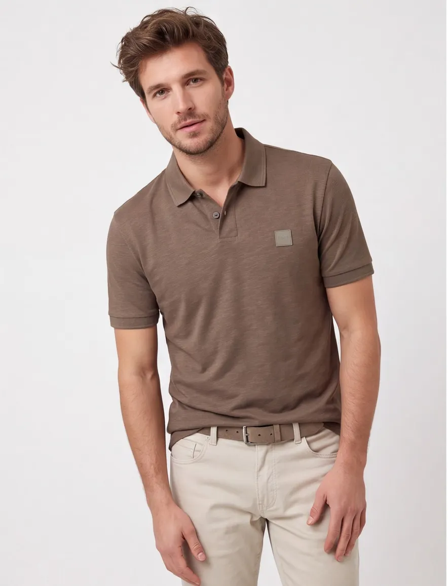 Boss Orange polo bruin effen normale fit katoen