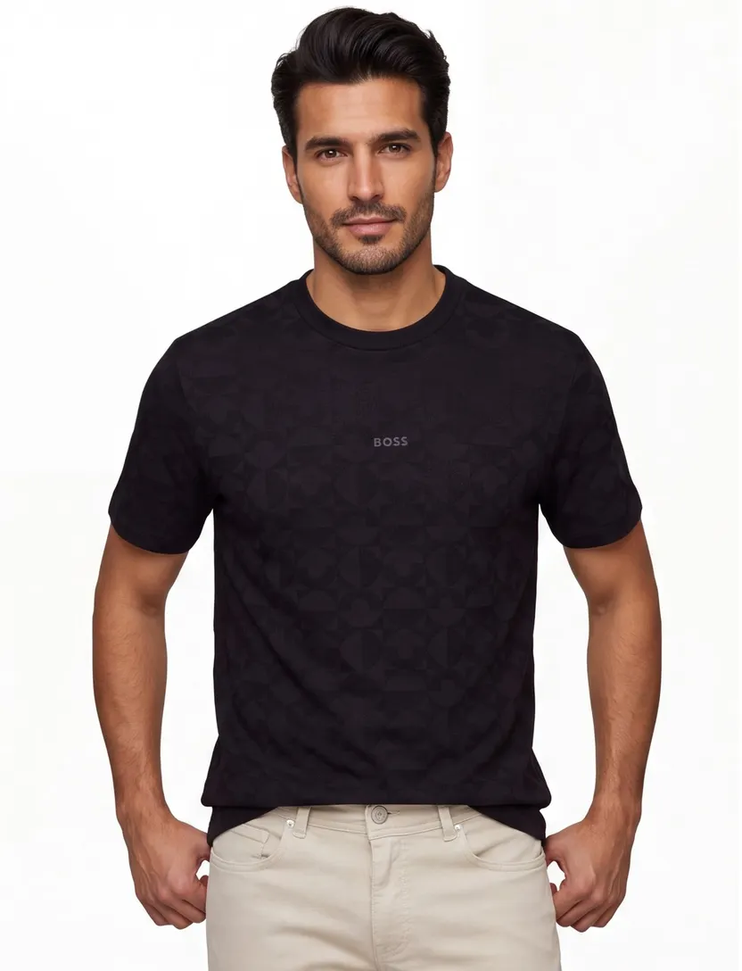 katoenen Boss Green T-shirt effen zwart ronde hals