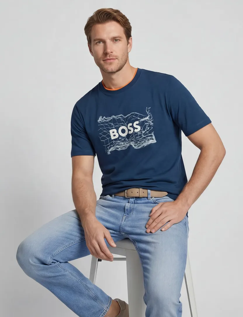 BOSS Green t-shirt blauw met opdruk