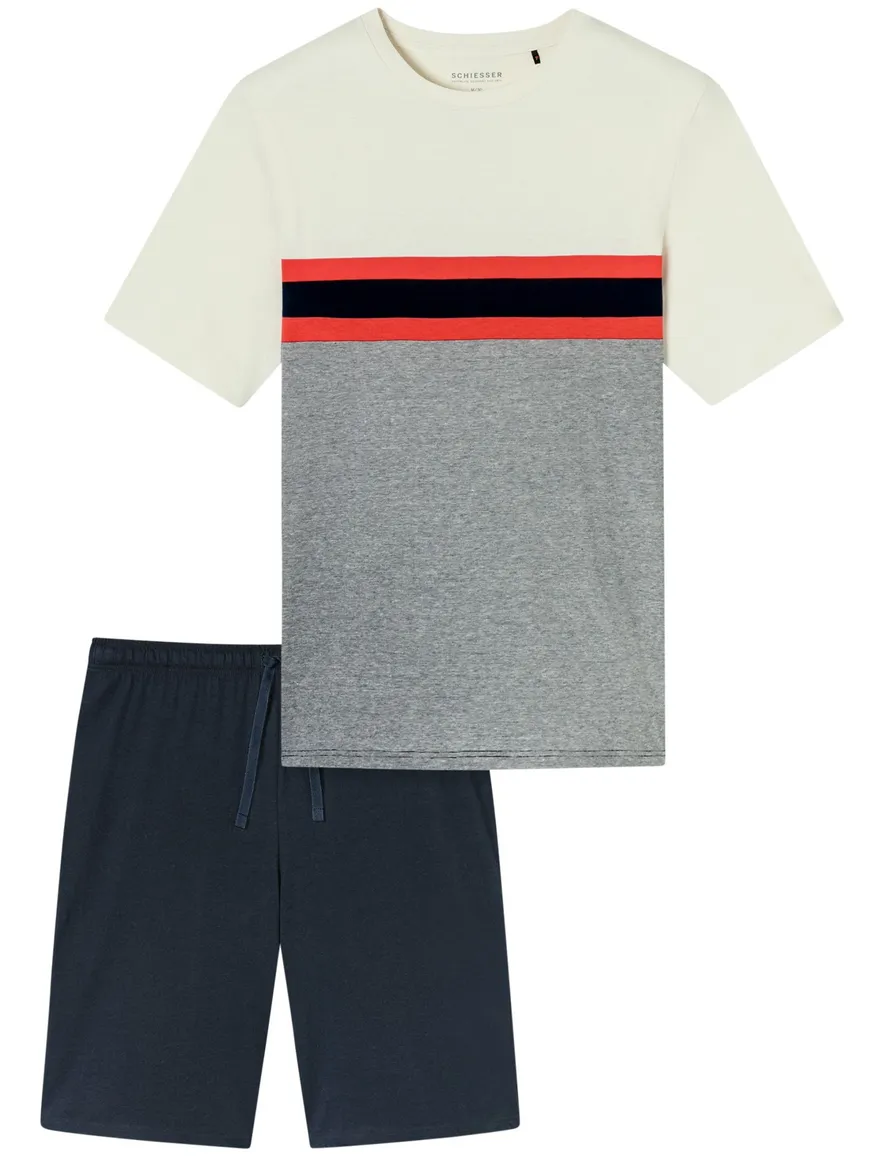 Schiesser heren pyjama kort creme donkerblauw