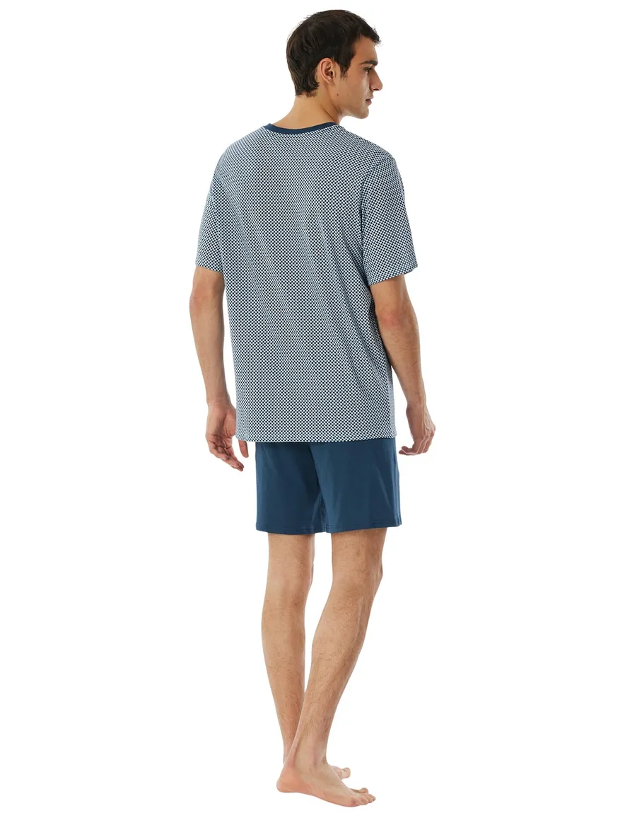 Schiesser shortama blauw geprint katoen