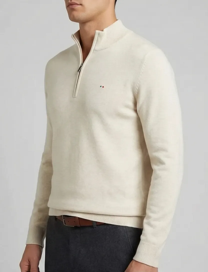Portofino Hince regular fit half zip trui creme met boord