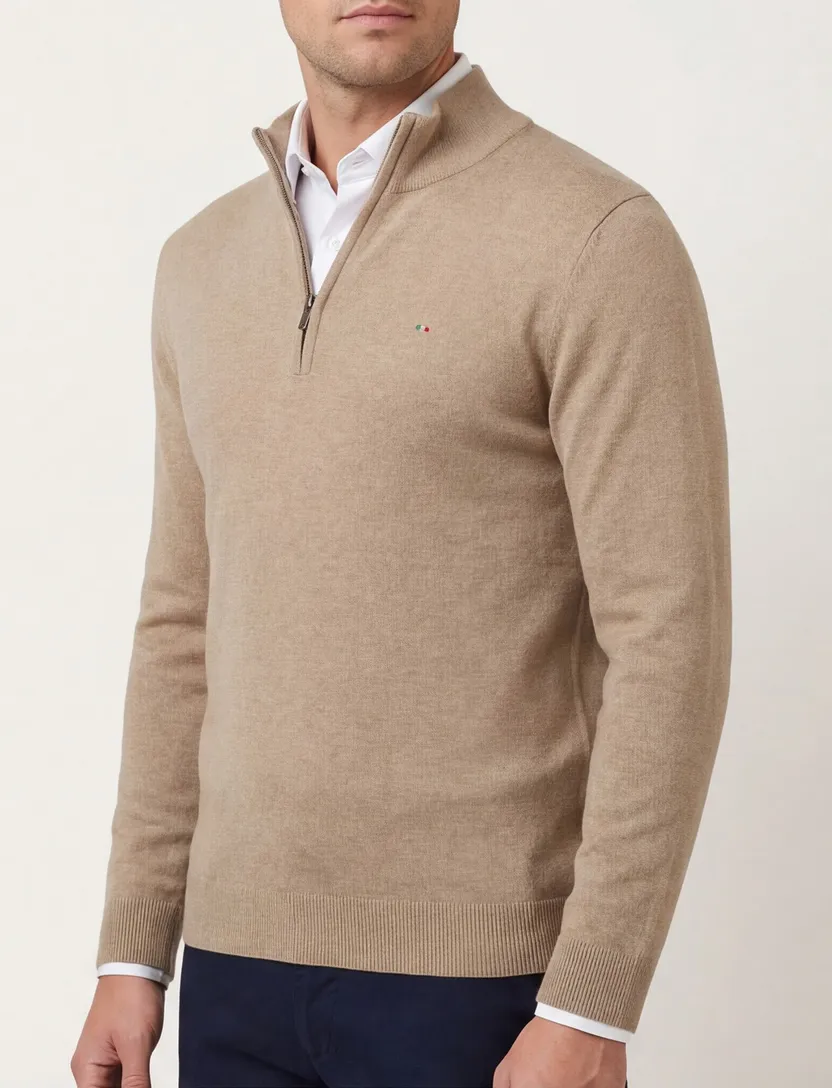 Portofino Hince regular fit half zip trui camel katoen